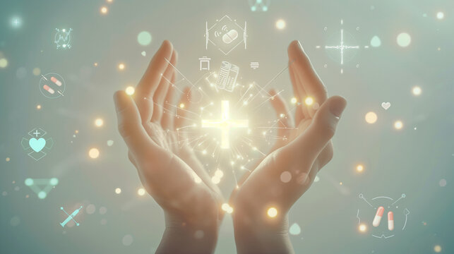 Hands holding a holographic display of digital healthcare and medical icons