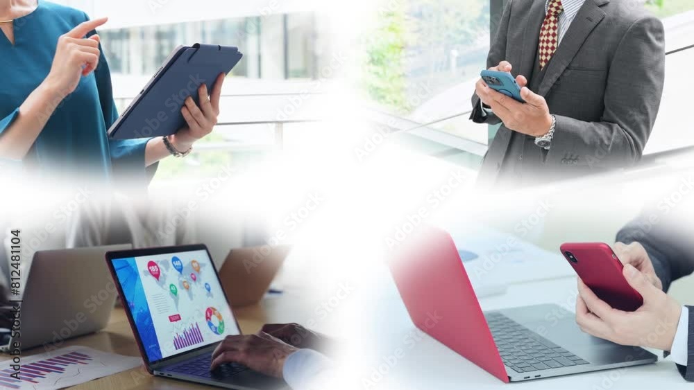 Poster Collage video of various business scenes with various digital devices. Blur transition from white background.