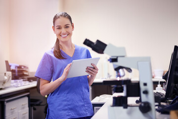 Tablet, portrait and female scientist in laboratory for medical breakthrough with research. Smile,...