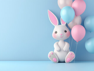 Hase in weiß mit Luftballons in Pastell Farben als Druckvorlage für Grußkarten und Kinderzimmer Tapeten, ai generativ