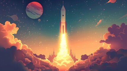 Spaceship takes off into the sky. Rocket starts into space. illustration