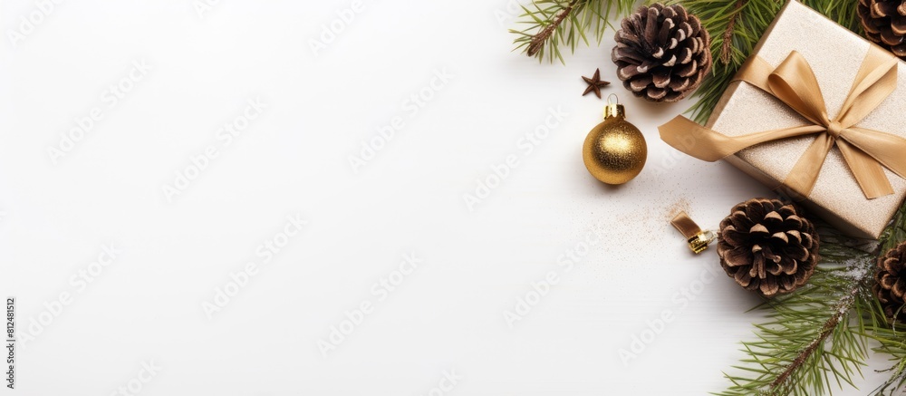 Poster A Christmas gift box adorned with fir and decorations is showcased on a white background The image offers ample copy space and is captured from a top down perspective creating a flat lay composition