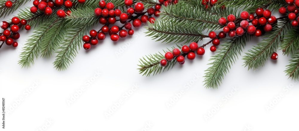 Poster A festive Christmas fir tree adorned with spruce branches red ornaments and red barberry berries The top view showcases the white background providing ample copy space for a Christmas or New Year bac