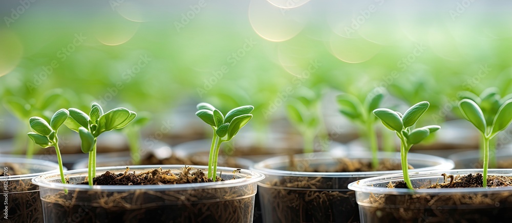Poster agricultural copy space image featuring small cantaloupe sprouts growing in plastic containers on fe