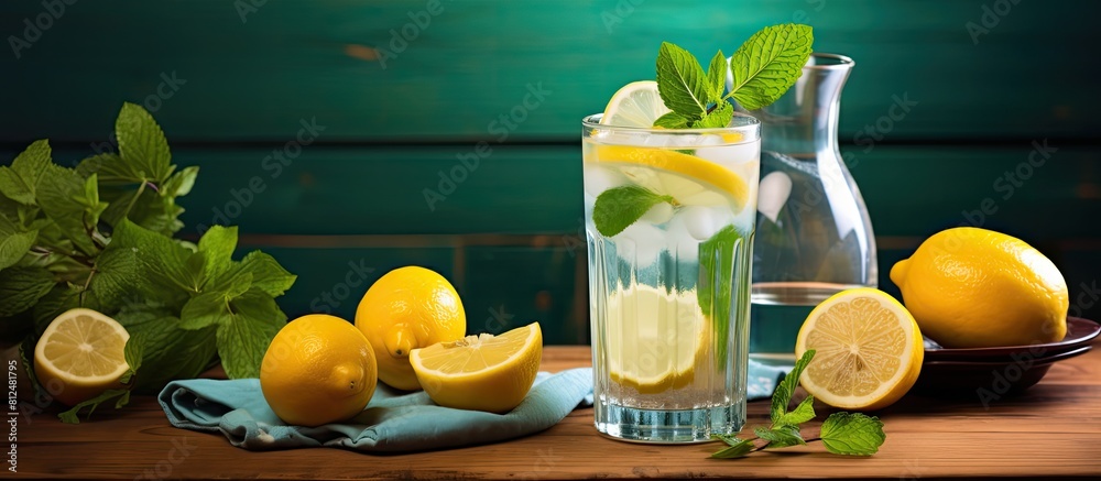 Poster A refreshing glass of homemade lemonade along with a reamer and various fruits is beautifully arranged on a wooden table in a flat lay composition Ample space is provided for text