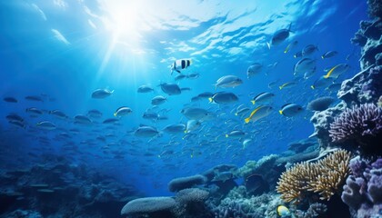 Obraz premium Groups of giant Tuna fish in the underwater, coral reef, amazing underwater life, various fish and exotic coral reefs, ocean wild creatures background