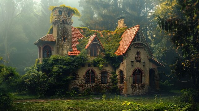 A whimsical cottage covered with vegetation, including green ivy and moss, is set against a moody, misty forest backdrop. The building features a stone foundation, arched windows, and a turret, all to
