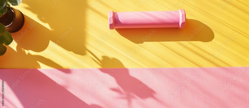 Poster An aerial view of a yellow background featuring a pink sports mat and dumbbells leaving ample room for adding an image