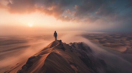 A solitary figure stands on the crest of a sand dune, gazing into the distance at a breathtaking sunset that casts a warm glow over the sweeping desert landscape. The sky is adorned with clouds, softl