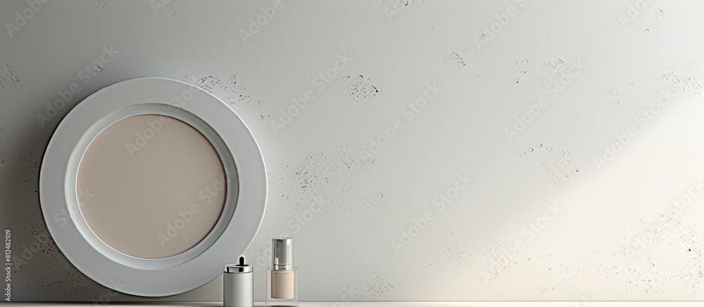 Poster light grey background with an open face powder and mirror leaving ample space for text in the image