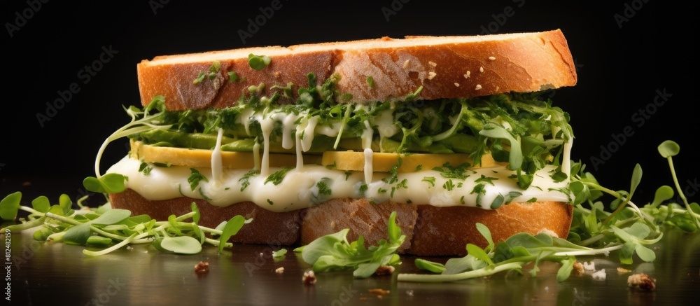 Poster An appetizing sandwich featuring a combination of cheese herbs and the perfect spot for adding your own text. Creative banner. Copyspace image