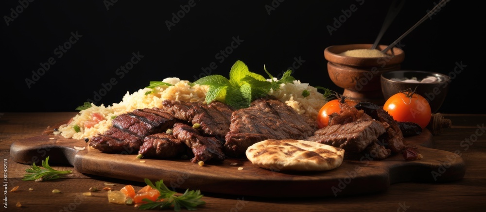 Poster an appetizing arabic meal with meat served on a wooden plate captured in a copy space image