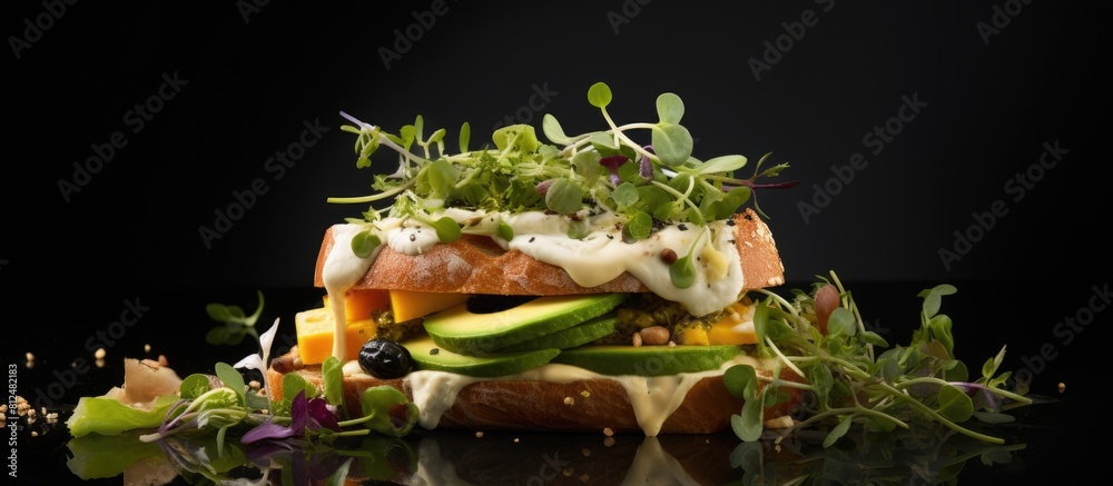 Poster An appetizing sandwich featuring a combination of cheese herbs and the perfect spot for adding your own text. Creative banner. Copyspace image