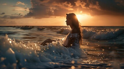 The image shows a woman partially submerged in sea water. The sun is setting on the horizon, casting a warm golden light that reflects on the water and the woman's silhouette. Her profile is visible a