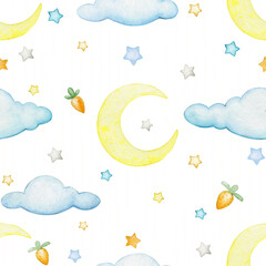 moon clouds stars carrot. Watercolor seamless pattern, on an isolated background.