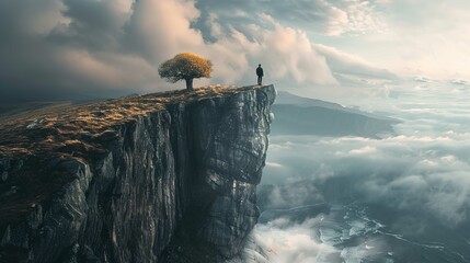 A solitary figure stands atop a high cliff edge, gazing out across a dramatic landscape blanketed...