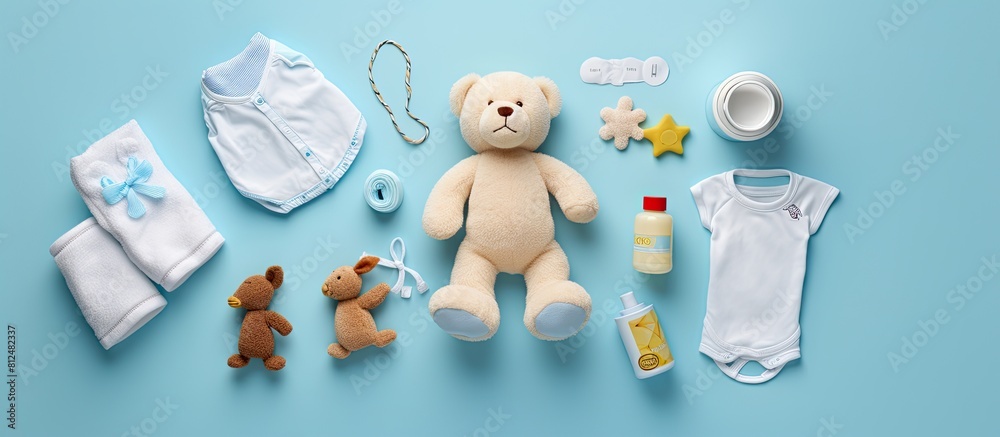 Poster an assortment of baby items including cloth diapers baby powder a nibbler cream a teether a soother 