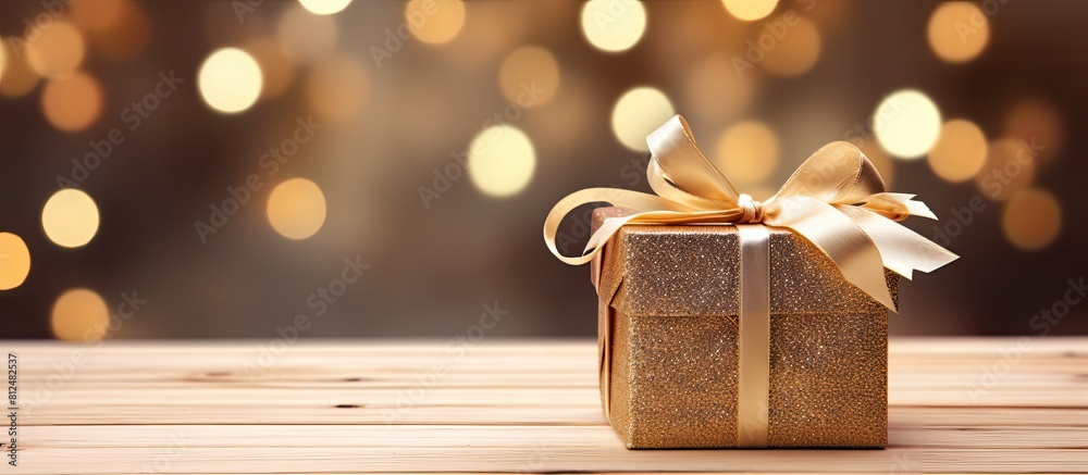 Poster an elegant golden gift box positioned on a light wooden background evoking the concepts of christmas