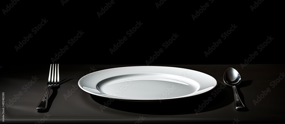 Poster An empty plate with a set of utensils including a spoon and fork resting on a black table providing ample empty space for additional visuals or text 150 characters