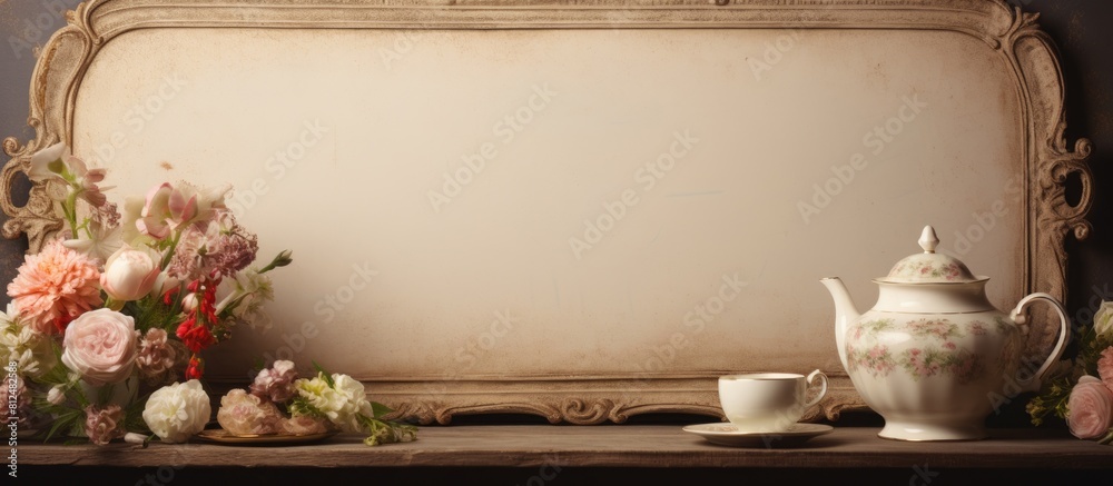 Aufkleber an elegant vintage tableware decor enhances a vintage frame with inviting copy space for text
