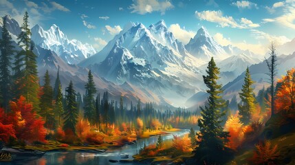 A breathtaking view of snow-capped peaks rising above a colorful autumn forest, with a tranquil river winding through the valley below, showcasing the beauty of nature - Powered by Adobe