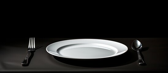 An empty plate with a set of utensils including a spoon and fork resting on a black table providing ample empty space for additional visuals or text 150 characters