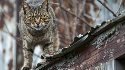 An elderly stray feline caught by surprise while prowling on a weathered rooftop