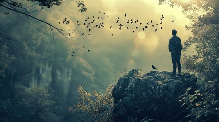 A person stands on the edge of a rocky cliff overlooking a forested valley with mist hanging in the air. The individual, who appears as a silhouette against the illuminated mist, is wearing a backpack - Powered by Adobe