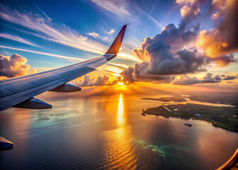 Naklejka premium Airplane flight in sunset sky over ocean water and wing of plane