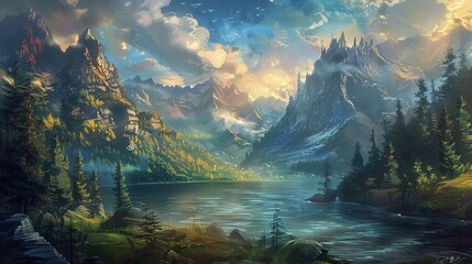 The image showcases a stunning fantasy landscape with soaring, rugged mountains that rise dramatically on either side of a serene lake. The mountains are adorned with turrets and spires, suggesting a 