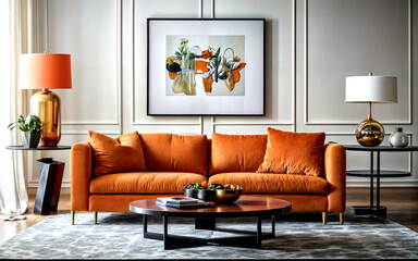 close-up image of a modern, minimalist living space featuring a sleek orange sofa