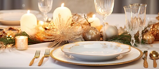 An elegant Christmas table setting featuring white plates and gold cutlery creating a festive dinner background with ample space for additional elements in the image - Powered by Adobe
