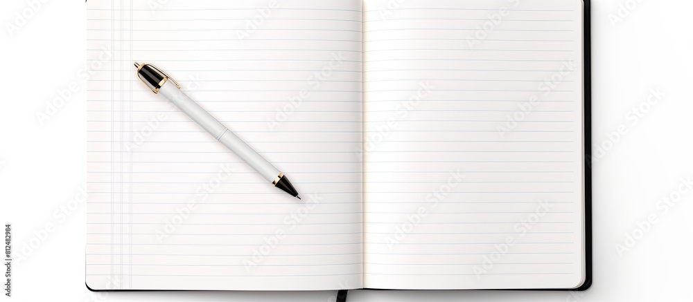 Fototapete an isolated copy space image of a book diary and pen with blank pages on a white background