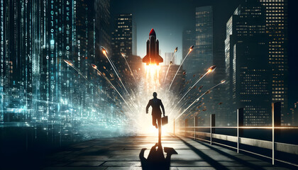 a businessman from which miniature rockets are launching, set against a cityscape. This metaphor captures the essence of making bold, high-stakes decisions in the business world.