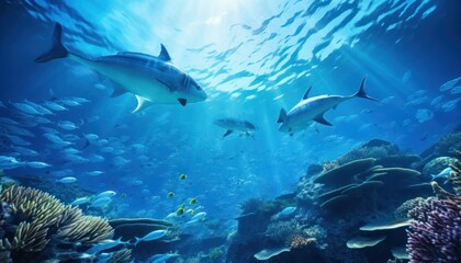 Groups of giant Tuna fish in the underwater, coral reef, amazing underwater life, various fish and exotic coral reefs, ocean wild creatures background
