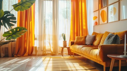 Contemporary living space with bright yellow drapes and an orange couch showcasing vibrant Scandinavian style