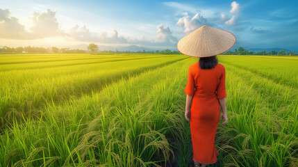 A woman wearing a conical hat walks through a lush green rice field.