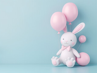 Hase in weiß mit Luftballons in Pastell Farben als Druckvorlage für Grußkarten und Kinderzimmer Tapeten