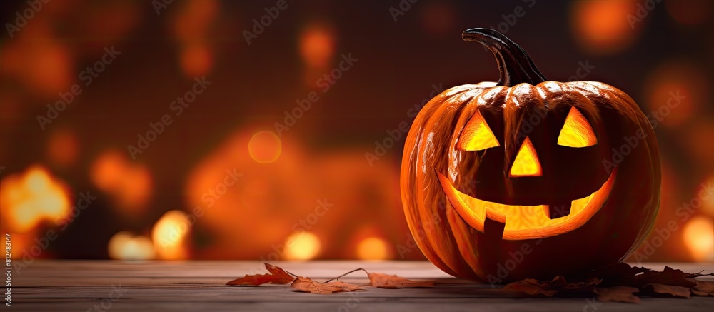 Poster an image showcasing a vibrant halloween theme with a carved pumpkin bats silhouetted against an oran