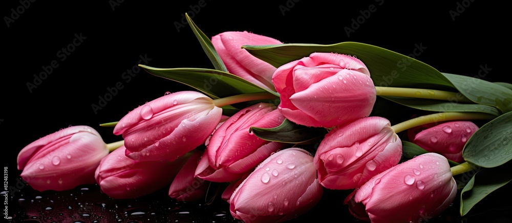 Poster an isolated copy space image of wet tulips in a dark pink hue set against a black background