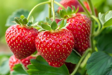 Paint a vivid picture of a strawberry patch, showcasing the bright red berries set against the lush green foliage, creating a delightful and natural background
