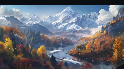 A breathtaking view of snow-capped peaks rising above a colorful autumn forest, with a tranquil river winding through the valley below, showcasing the beauty of nature