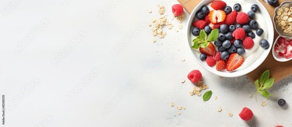 Aufkleber An overhead shot of a healthy breakfast consisting of homemade granola topped with yogurt and fresh berries presented in a flat lay style with plenty of negative space for text or other elements