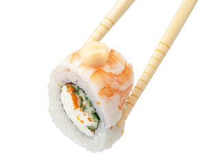 Sushi roll with chopsticks isolated on white