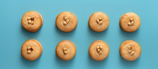 Obraz premium An overhead view of circular hazelnut cookies placed beside a blue backdrop offering plenty of space for additional content