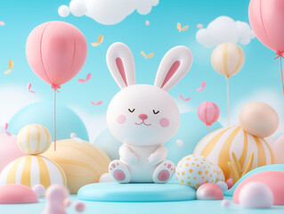 Hase in weiß mit Luftballons in Pastell Farben als Druckvorlage für Grußkarten und Kinderzimmer Tapeten