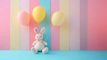 Hase in weiß mit Luftballons in Pastell Farben als Druckvorlage für Grußkarten und Kinderzimmer Tapeten, ai generativ