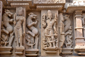 Khajuraho, India: World-famous reliefs on temple facades. Sandstone temples date back to the 10th and 11th centuries and are a UNESCO World Heritage Site. 