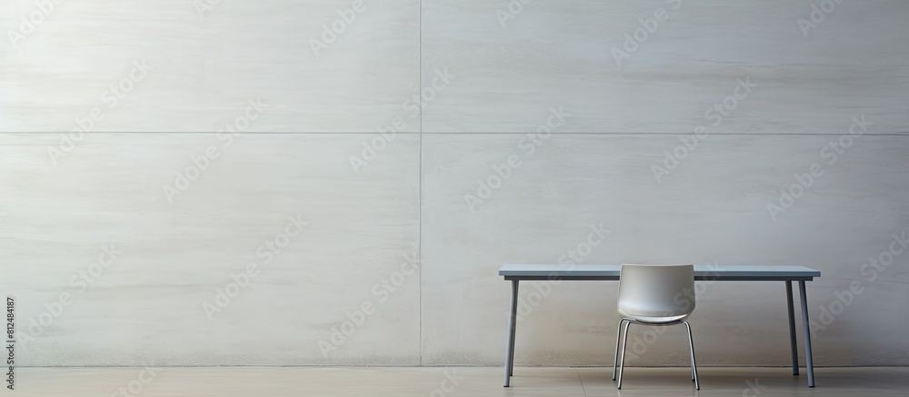Poster A white table and chair positioned in front of a concrete wall with ample empty space in the image