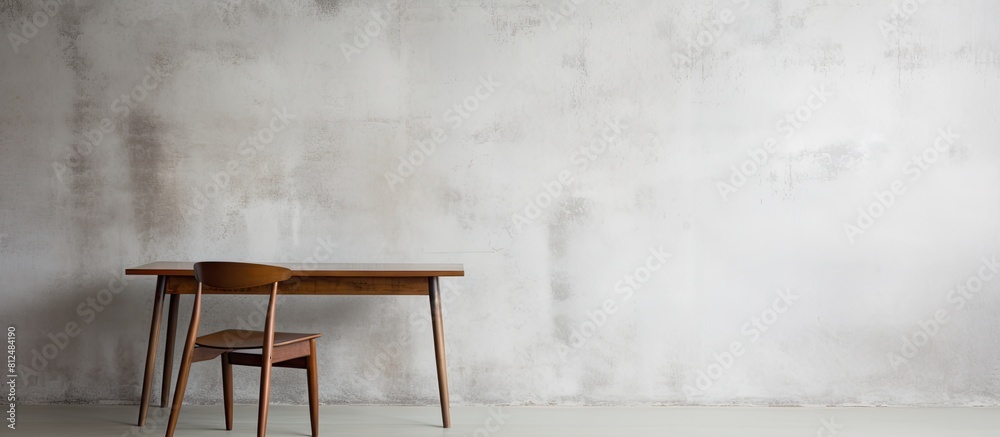 Poster A white table and chair positioned in front of a concrete wall with ample empty space in the image
